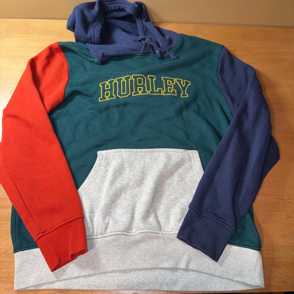 Hurley Colorblock Hoodie Mens Large Teal Navy Red Grey Embroidered Logo HFA22VMP